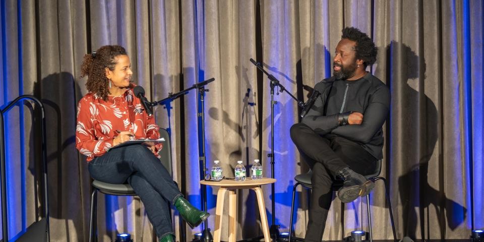 WNYC host Alison Stewart and author Marlon James speak together onstage. 