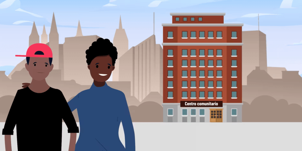 Graphic of two people walking in a city with a large brown building in the background. 