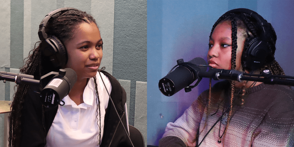 Side by side image of two teen podcast hosts recording in front of their microphones.