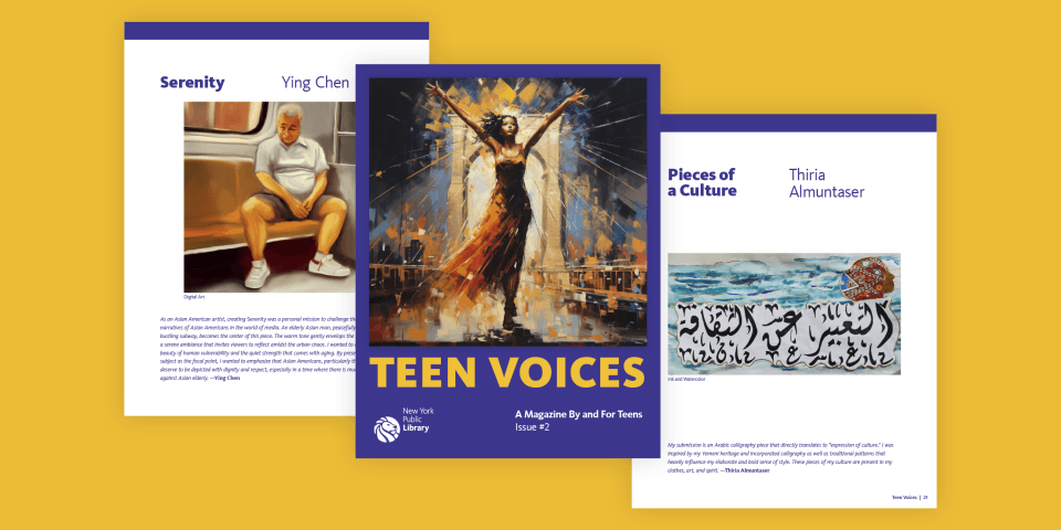 Cover and pages from Teen Voices Issue 2 displayed on a yellow background.