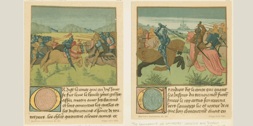 Illustrations of Palamedes in the tournament of Soreloys and Lancelot...