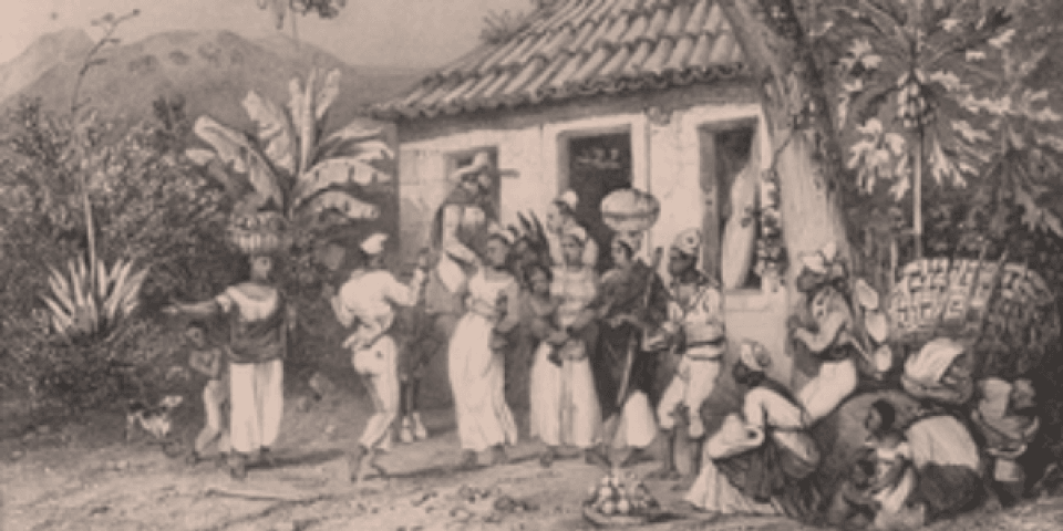 A lithograph print depicting Afro-Brazilian dance, circa 1820s-1830s. 