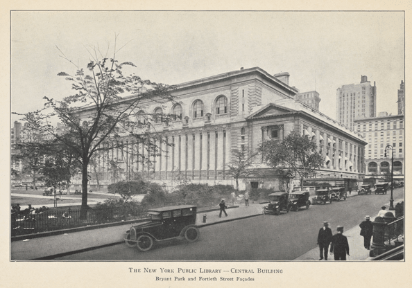 The NYPL Central Building from Bryant Park and 40th St., A History of the NYPL, pg. 501