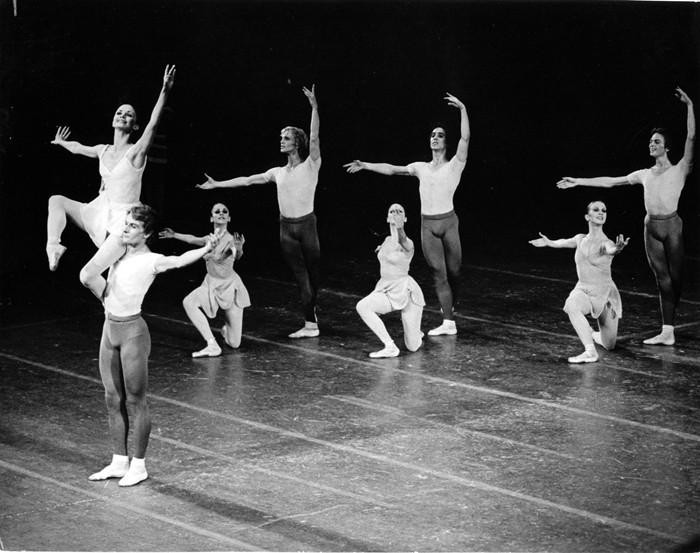 Kay Mazzo, Bart Cook, and ensemble in New York City Ballet production of Square Dance, choreography by George Balanchine. Photograph by Martha Swope