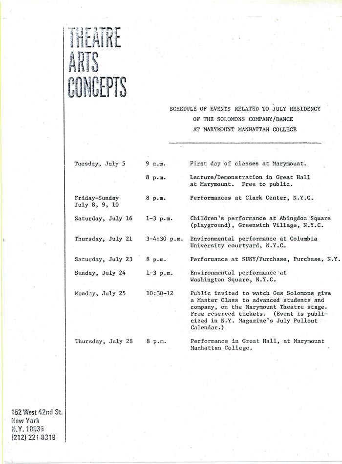 Information sheet for Marymount Manhattan Summer Residency, 1977