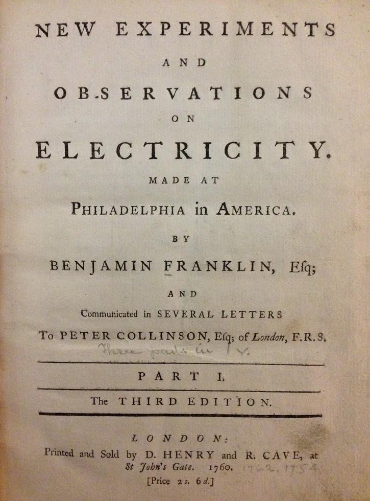 Title page from New Experiments and Observations on Electricity (1760)