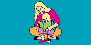 Illustration of an adult reading to a child seated on their lap.