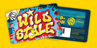 Hip-hop library card on a yellow background. The front of the card shows grafitti art reading "Wild Style," and the back side shows a teal cassette tape.