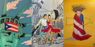 Three side by side images of Santiago's work, featuring the Statue of Liberty, dancers, and a person wrapped in the Puerto Rican flag.