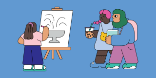 Illustration features one young person painting at an easel and two others walking together.