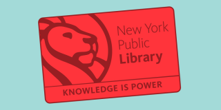 Red library card on a teal background.
