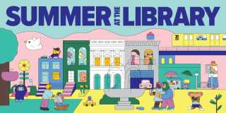 Summer at the Library graphic shows a city block with people out and about.