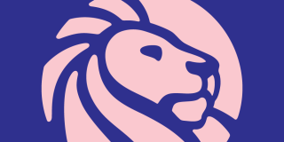 Close-up crop of the NYPL lion logo in pink and purple palette.