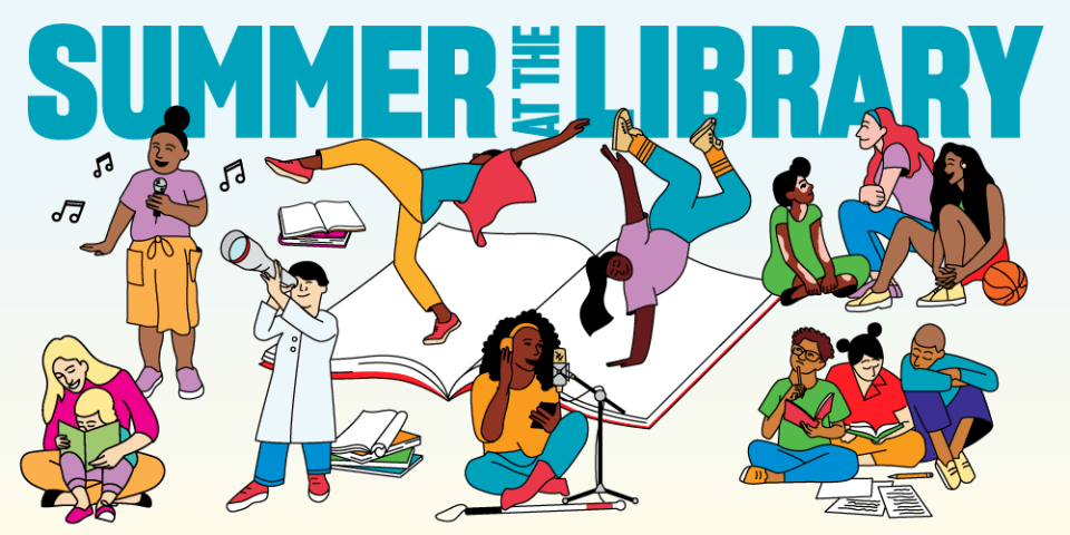 Colorful Summer at the Library illustration features people dancing, singing, reading, and talking together.