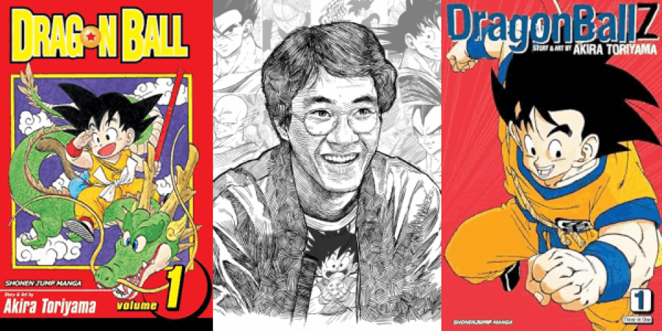 illustrated portrait of Akira Toriyama flanked by covers of Dragon Ball and Dragon Ball Z
