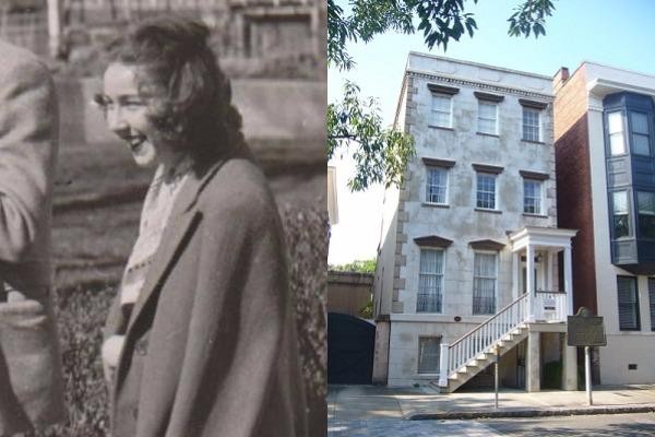 Split photo of Flannery O'Connor (left) and a brownstone building