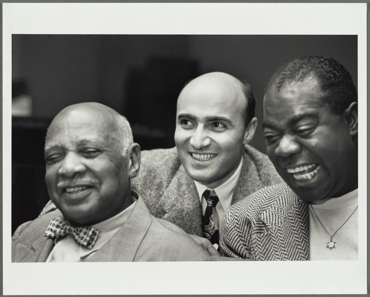 George Avakian with W.C. Handy and Louis Armstrong, listening to playbacks of Louis Armstrong Plays W.C. Handy, July 1954.