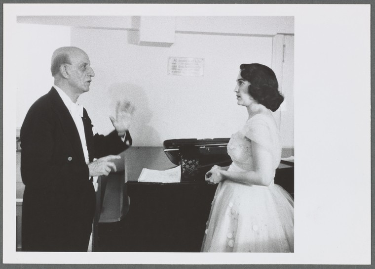 Dimitri Mitropoulos with Anahid Ajemian backstage at Town Hall, April 28th, 1957.
