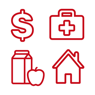 Red outline illustration of four icons: a dollar sign, a medical bag, a milk carton with an apple, and a house