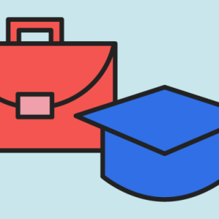 Light blue background with colorful icons in the center, featuring a red briefcase and a blue graduation cap.