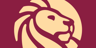 Maroon rectangle with beige outline of NYPL's lion logo in the center.