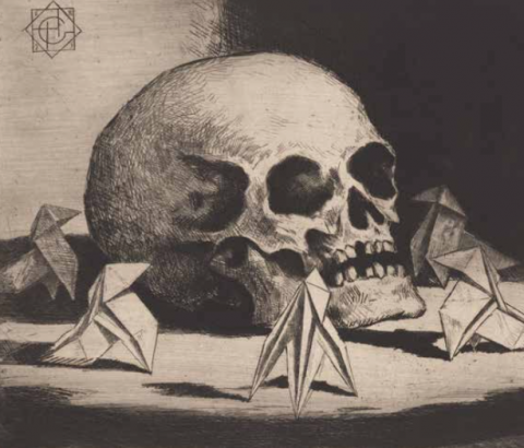 A drawing of a human skull sitting on a surface in black and white chiaroscuro is shown. The skull is surrounded by small abstract origami figures 