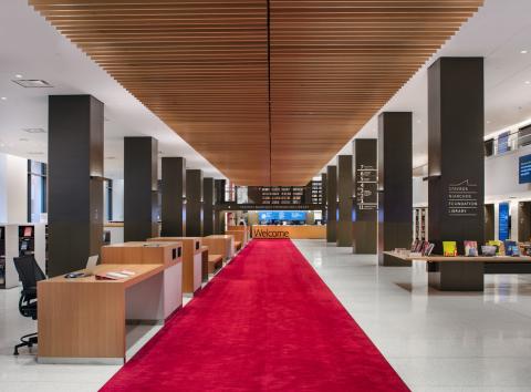 SNFL lobby featuring a long red carpet